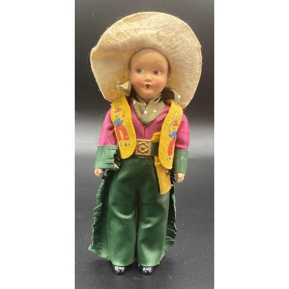 1960s Vtg Cowboy Doll Bisque Head Plastic Celluloid Moveable Arms Leather Chaps - Picture 3 of 5